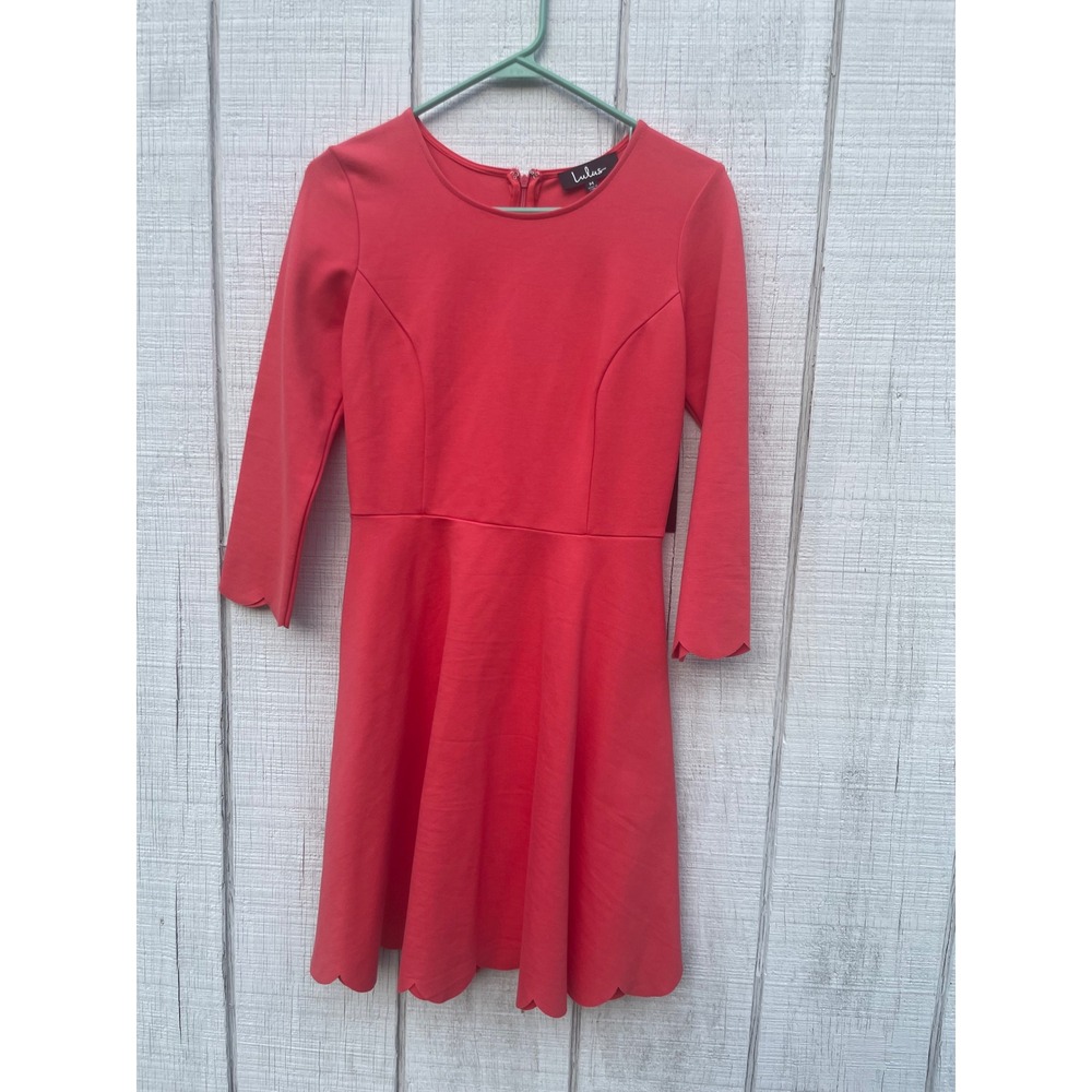 Lulus Coral Fit & Flare Dress Scalloped Hem Long Sleeve Career Medium